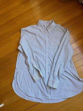 Athleta Oversized White and Green Vertical-Stripe Button-Down Shirt